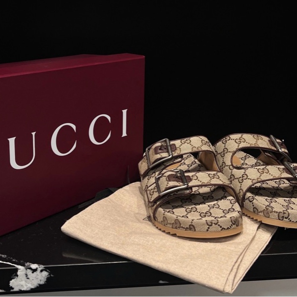 Gucci Beige and Brown Monogram Sandals